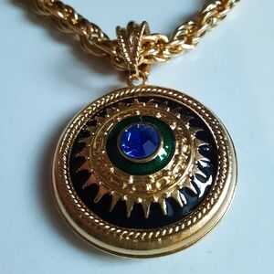 Luxurious Gold Necklace with Blue and Green Pendant